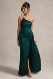 Hollywood Bottle Green Satin Strapless Draped Maxi Dress