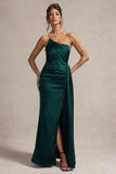 Hollywood Bottle Green Satin Strapless Draped Maxi Dress
