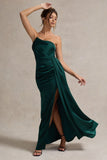 Hollywood Bottle Green Satin Strapless Draped Maxi Dress