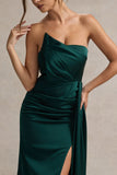 Hollywood Bottle Green Satin Strapless Draped Maxi Dress