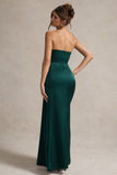 Hollywood Bottle Green Satin Strapless Draped Maxi Dress