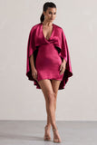 Olsen Raspberry Satin Plunge-Neck Cape Mini Dress