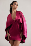 Olsen Raspberry Satin Plunge-Neck Cape Mini Dress