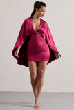 Olsen Raspberry Satin Plunge-Neck Cape Mini Dress