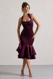 Arla Plum Halter-Neck Ruffle Trim Midi Dress