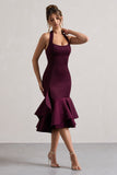 Arla Plum Halter-Neck Ruffle Trim Midi Dress