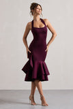 Arla Plum Halter-Neck Ruffle Trim Midi Dress