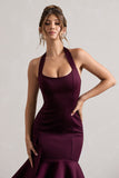Arla Plum Halter-Neck Ruffle Trim Midi Dress