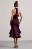 Arla Plum Halter-Neck Ruffle Trim Midi Dress