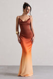 Fiji Orange Ombre Satin Cowl-Neck Strappy Maxi Dress
