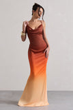 Fiji Orange Ombre Satin Cowl-Neck Strappy Maxi Dress