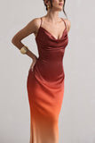 Fiji Orange Ombre Satin Cowl-Neck Strappy Maxi Dress
