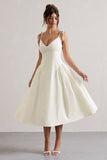 Breathless Cream Linen Strappy V-Neck Pleated Midi Dress