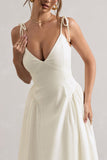 Breathless Cream Linen Strappy V-Neck Pleated Midi Dress