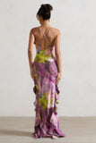 Sommer Lilac Print Racer-Neck Ruffle Maxi Dress