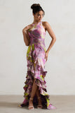Sommer Lilac Print Racer-Neck Ruffle Maxi Dress