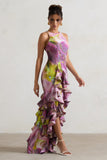 Sommer Lilac Print Racer-Neck Ruffle Maxi Dress
