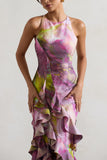 Sommer Lilac Print Racer-Neck Ruffle Maxi Dress