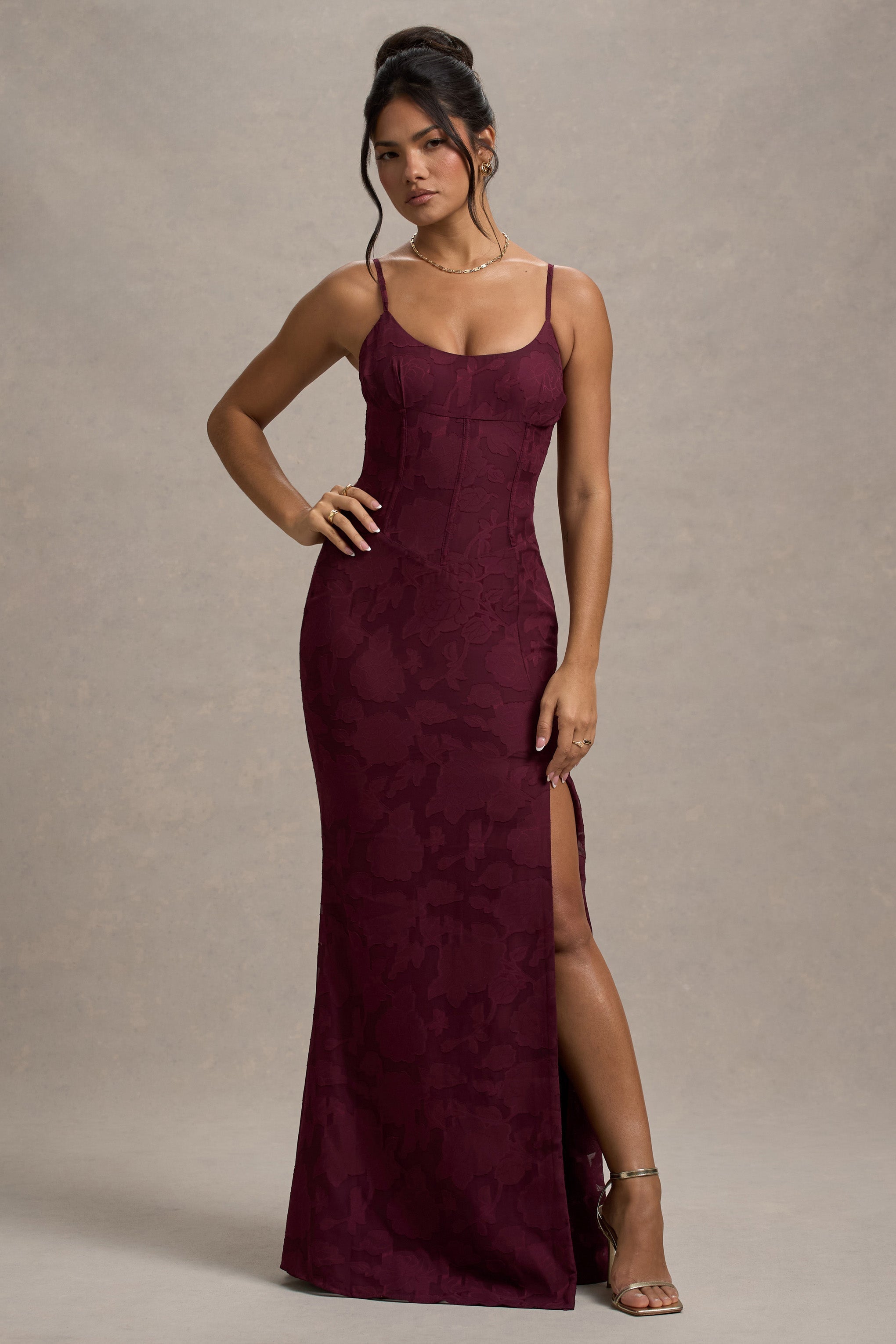 Intimacy Plum Lace Corset Split Maxi Dress
