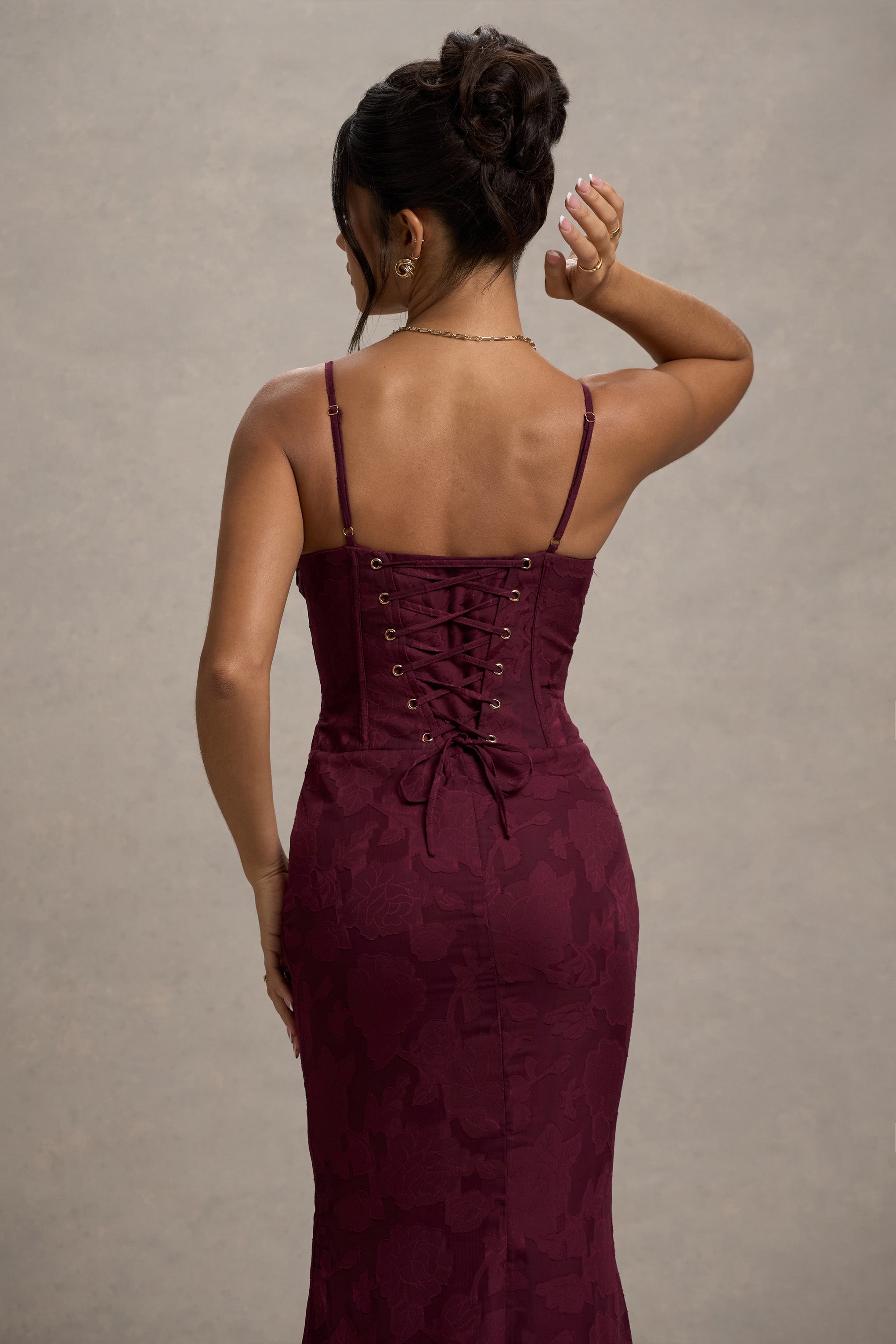 Intimacy Plum Lace Corset Split Maxi Dress