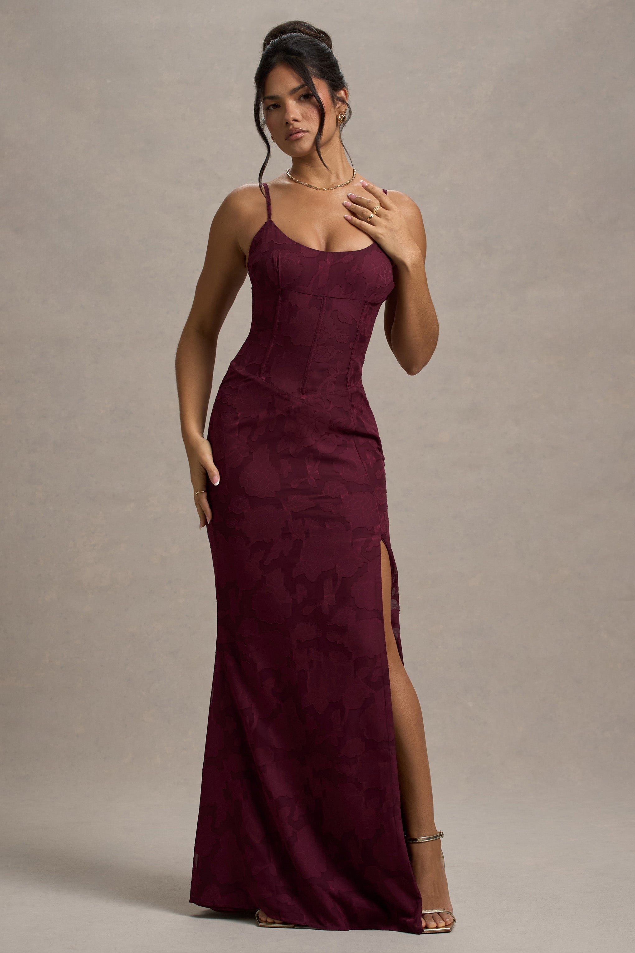 Intimacy Plum Lace Corset Split Maxi Dress