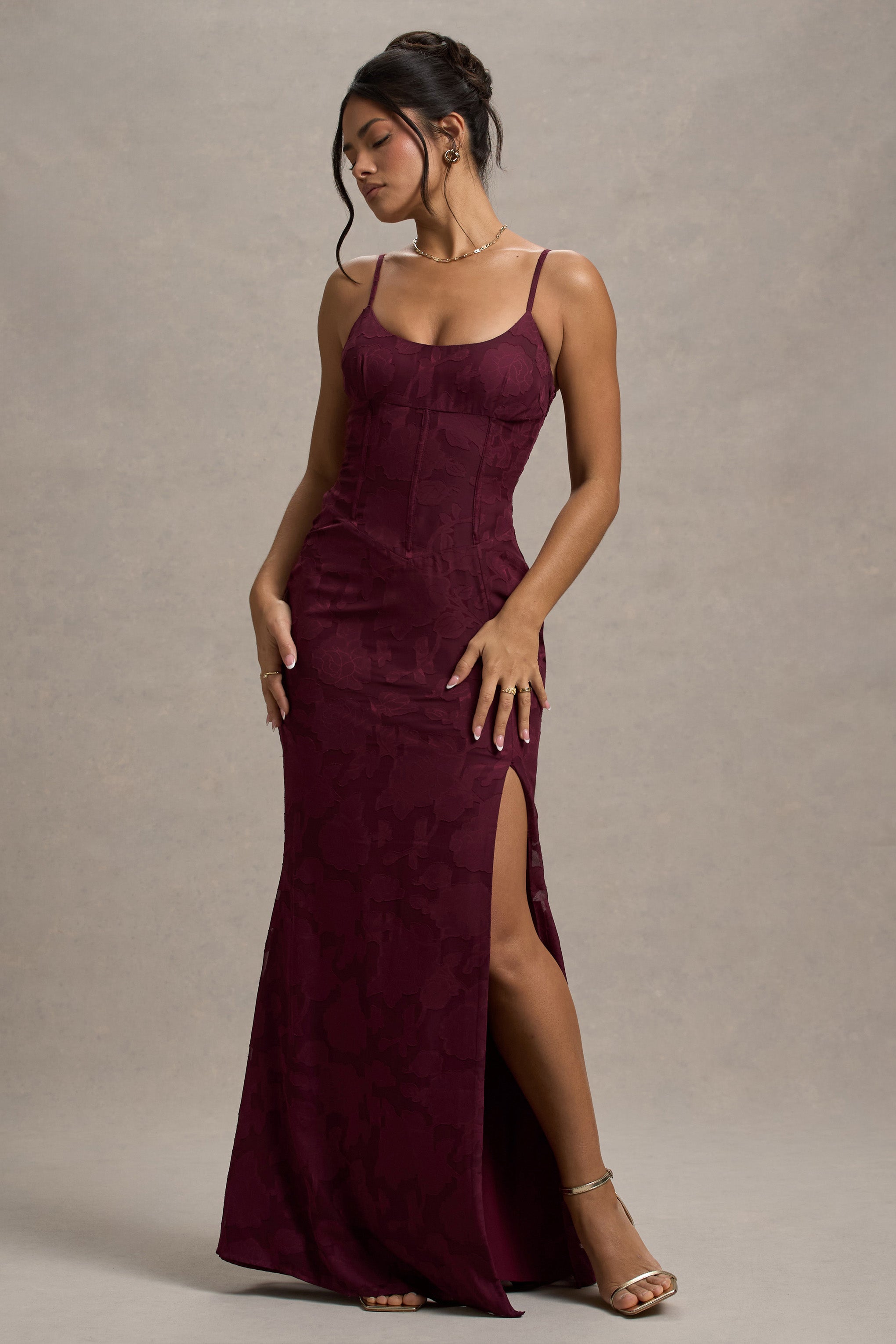 Intimacy Plum Lace Corset Split Maxi Dress