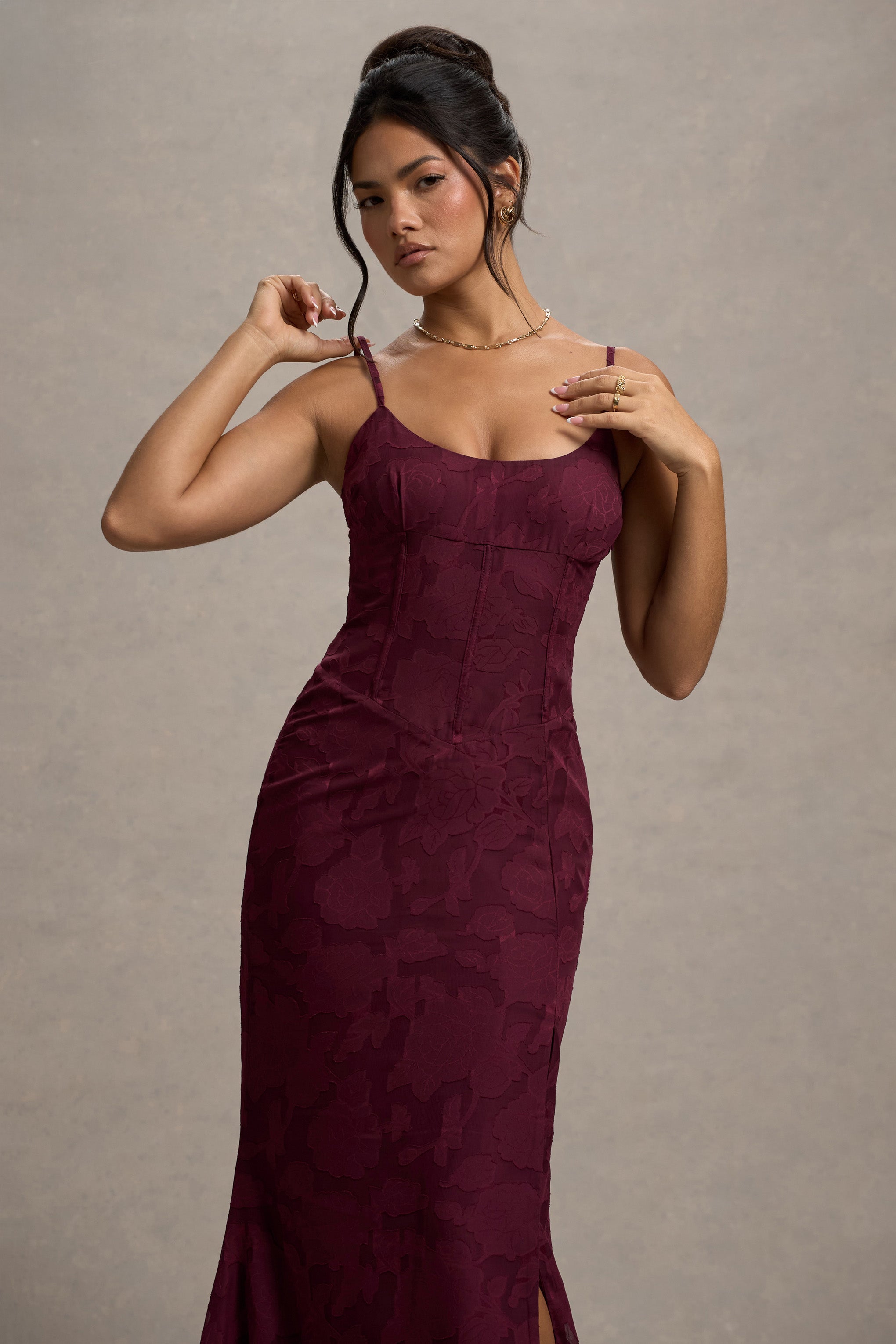 Intimacy Plum Lace Corset Split Maxi Dress