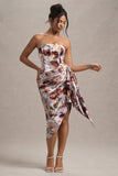 Axel Cream Floral Print Satin Strapless Wrap Midi Dress