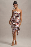 Axel Cream Floral Print Satin Strapless Wrap Midi Dress