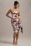 Axel Cream Floral Print Satin Strapless Wrap Midi Dress