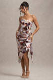 Axel Cream Floral Print Satin Strapless Wrap Midi Dress