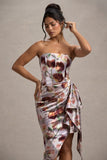 Axel Cream Floral Print Satin Strapless Wrap Midi Dress