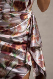 Axel Cream Floral Print Satin Strapless Wrap Midi Dress