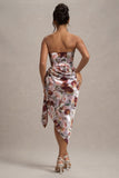 Axel Cream Floral Print Satin Strapless Wrap Midi Dress