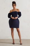 Evangeline Navy Structured Bardot Puff-Sleeve Mini Dress