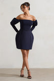 Evangeline Navy Structured Bardot Puff-Sleeve Mini Dress