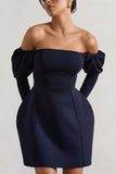 Evangeline Navy Structured Bardot Puff-Sleeve Mini Dress