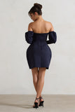 Evangeline Navy Structured Bardot Puff-Sleeve Mini Dress