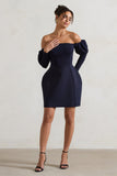 Evangeline Navy Structured Bardot Puff-Sleeve Mini Dress