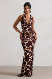 Tulum Giraffe Print Cowl-Neck Gathered Split Maxi Dress