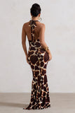 Tulum Giraffe Print Cowl-Neck Gathered Split Maxi Dress
