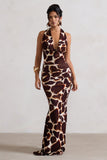Tulum Giraffe Print Cowl-Neck Gathered Split Maxi Dress