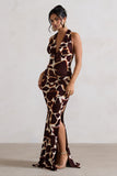 Tulum Giraffe Print Cowl-Neck Gathered Split Maxi Dress