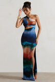 Mykonos Multi Blur Print Asymmetric Cut-Out Split Maxi Dress