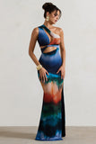 Mykonos Multi Blur Print Asymmetric Cut-Out Split Maxi Dress