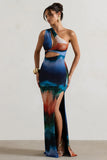 Mykonos Multi Blur Print Asymmetric Cut-Out Split Maxi Dress
