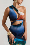 Mykonos Multi Blur Print Asymmetric Cut-Out Split Maxi Dress