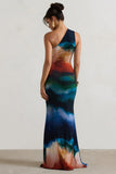 Mykonos Multi Blur Print Asymmetric Cut-Out Split Maxi Dress