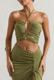 Bora Bora Olive Ruched Halter-Neck Cut-Out Top
