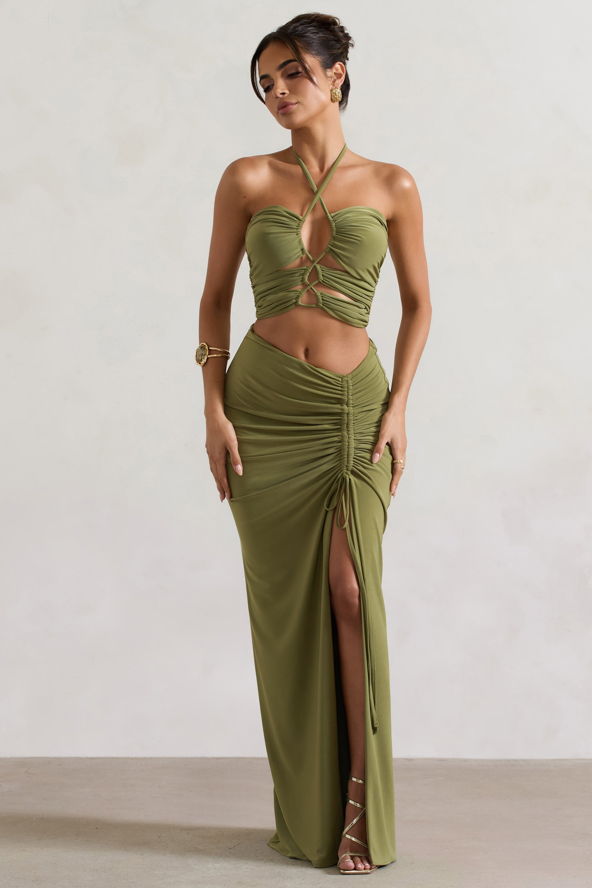 Cabo Olive Ruched Split Maxi Skirt